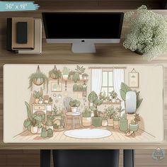 a computer desk with plants on it