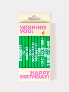 four green pencils in a box with the words wishing you happy birthday written on them