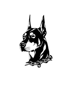 a black and white drawing of a dog's head with chain around its neck