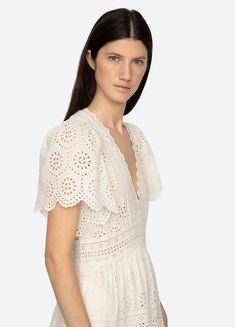 Lyla Dress – Sea, New York Eyelet Embroidery, Black Tank Dress, Black Aviators, Neon Purple, Tier Skirt, Engineered Garments, Scalloped Hem, Cream Dress, Ruched Dress