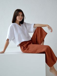 Linen pants / Culottes linen pants / Terracotta linen culottes pants / Loose pants / Midi flared linen pants / Soft linen trousers Brown Linen Wide Leg Pants For Summer, Flared Linen Pants, Linen Culottes, Minimalist Moda, Linen Fashion, Modest Dress, Pantalon Large, Diy Dress, Linen Trousers