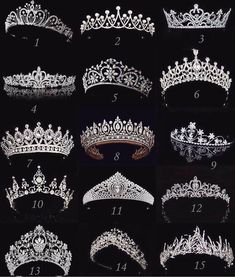 various tiaras and crowns are shown in this image, with the number one on each side