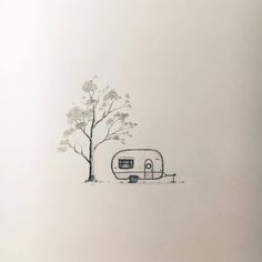 a drawing of a camper parked next to a tree in the middle of nowhere