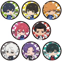 six anime character badges with different colors