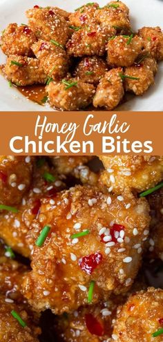 honey garlic chicken bites on a plate with sesame seeds