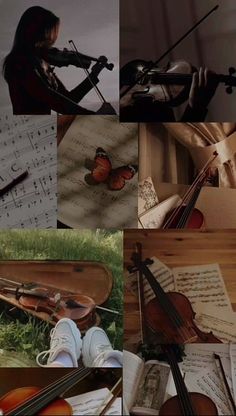 a collage of musical instruments and music sheets