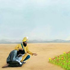 two men kneeling down in the middle of a field with flowers and a kite flying overhead