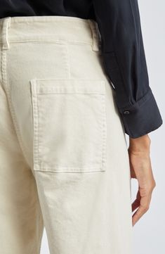 Fall for the silhouette of these high-waist pants crafted from stretch twill with wide legs. 29" inseam; 24" leg opening; 12" front rise; 15" back rise (size 8) Zip fly with button closure Back patch pockets 98% cotton, 2% elastane Dry clean or machine wash, tumble dry Made in the USA of imported fabric Modern Cropped Leg Bottoms With Relaxed Fit, Modern Wide-leg Pants With Welt Pockets, Modern Wide Leg Pants With Side Pockets, Cropped Leg Pants With Seam Detailing For Work, Cotton Bottoms With Seam Detailing For Fall, Cropped Pants With Seam Detailing For Work, Workwear Pants With Seam Detailing And Cropped Leg, Modern Spring Pants With Hip Pockets, Modern Pants With Hip Pockets For Spring