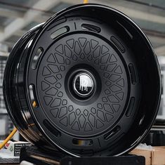 an image of a black wheel on display