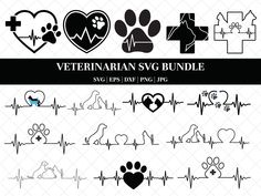 veterinary svg bundle for dogs and cats with heartbeats, heart, paw prints