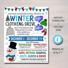 winter clothing drive flyer with snowman, hat and sweaters on the front page