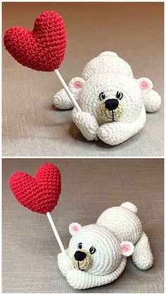 crocheted teddy bear holding a heart shaped lollipop with two pictures showing it