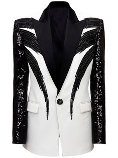 black/white sequin design wide peak lapels satin finish two side flap pockets long sleeves crystal-embellished buttons shoulder pads straight hem Balmain Jacket, Autumn Winter 2024, Sequin Design, Stylish Outfit, Sequins Embroidery, Mens Fall, Crepe Fabric, Winter 2024, 2024 Collection