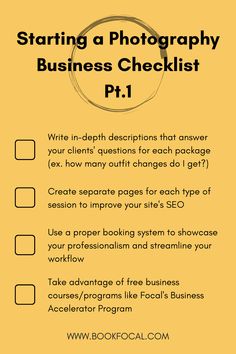 a yellow checklist with the words starting a photography business checklist p1 on it