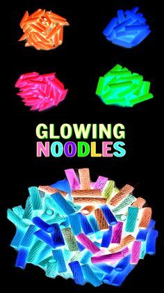 glowing noodleles with the words glow in different colors and sizes on it's black background