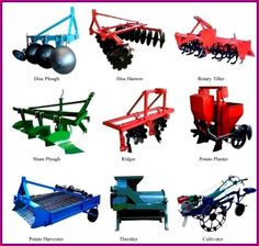 different types of farm equipment are shown