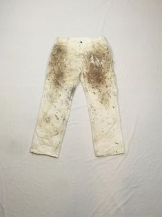 vintage Dickies painter's pants white cotton w/lots of work stains as found  authentic paint splatter/work worn smaller than label tag-see below measures, lying flat, waist-18 1/2 inseam-31" hem-9" outseam-43" hip-24" White Bleached Cotton Jeans, White Bleached Straight Leg Bottoms, Distressed White Cotton Bottoms, Fitted Cotton Bottoms With Paint Splatter, Paint Splatter Pants, Dickies Painter Pants, Dirty White, Painters Pants, Vintage Dickies