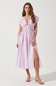 Lorrie Sleeveless Ruched Midi Dress – ASTR The Label Spring Knee-length Maxi Dress With Ruched Bodice, V-neck Dress With Ruched Bodice For Daywear, Spring V-neck Ruched Sundress, Spring Mid-length Dress With Ruched Bodice, V-neck Midi Dress With Gathered Waist For Day Out, Summer Maxi Dress With Ruched Bodice For Daywear, Spring Ruched Sundress For Daywear, Summer Midi-length Dress With Drawstring, Summer Day Dress With Gathered Neckline