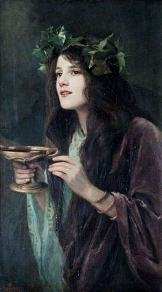 a painting of a woman holding a bowl with leaves on her head and wearing a wreath