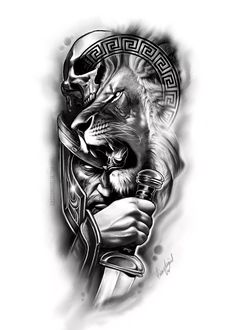 Design Tattoo Black And Grey, Lion And Spartan Tattoo Design, Lion Tattoo Designs For Men, Leones Tattoo, Black And Gray Tattoo Design, Lion Knight, Lion Tattoo Ideas, Natur Tattoo Arm, Black And Grey Sleeve