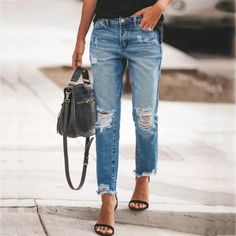 New Without Tag, In Original Packaging. Please See Last Few Photos For Manual Measurements. Ripped Jeans Casual, Denim Style Casual, Ripped Jeans Style, Moda Denim, Look Jean, Retro Jeans, Ripped Boyfriend Jeans, Casual Denim Pants, Womens Fashion Jeans