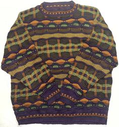 Crazy vintages 3D knit coogi style sweater! Made in USA Beautiful Purple/Greens and Browns textured knit design! Size L Measurements in photos Clean condition ! Vintage Green Knit Sweater, Vintage Multicolor Hand Knitted Sweater, Vintage Multicolor Hand-knitted Sweater, Vintage Hand Knitted Multicolor Sweater, Olive Sweater, Green Knit Sweater, Textured Knit Sweater, Purple L, Concept Clothing