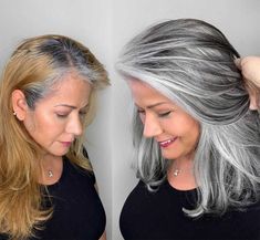 Hairstylist Shares Gorgeous Photos Of People Embracing Their Gray Hair | 12 Tomatoes Gray Hair With Lowlights Over 50 Curly, Hide Grey Hair, Redken Shade, White Silver Hair, Gray Hair Color, Yellow Blonde, Scene Girl