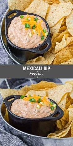 two pictures showing the process to make mexican dip with tortilla chips