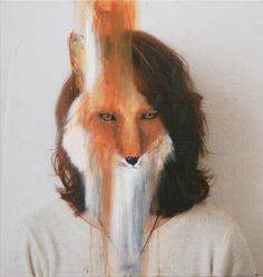 a painting of a woman with a fox on her face