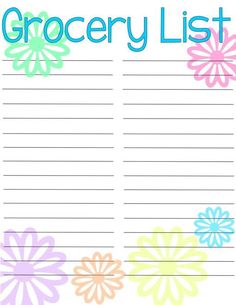 a grocery list with colorful flowers and the words grocery list written in blue on it