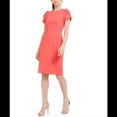 Nwt Calvin Klein Sheath Tulip Sleeve Pink Peach Dress Size 16 The Traditional Sheath Dress Gets A Major Makeover. Calvin Klein Modernizes The Look With Pretty Tulip Sleeves. Scoop Neckline; Sheath Silhouette Back Zipper Closure Short Tulip Sleeves Unlined Polyester/Spandex Dry Clean Imported Pink Sheath Midi Dress For Formal Occasions, Pink Sheath Midi Dress For Formal Events, Feminine Fitted Calvin Klein Midi Dress, Feminine Calvin Klein Knee-length Midi Dress, Calvin Klein Feminine Knee-length Midi Dress, Calvin Klein Fitted Feminine Midi Dress, Calvin Klein Pink Knee-length Dress, Floral Work Dress, Wrap Shirt Dress