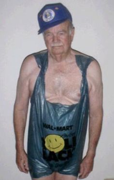 an old man wearing a plastic bag over his body and smiling at the camera with words wal - mart's new cost saving uniforms