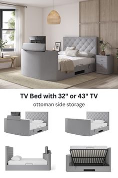 the bed with 3'or 4'tv is shown in different positions and sizes