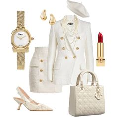 a woman in white clothes and accessories including a watch