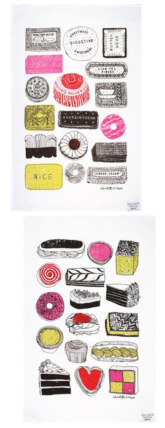 two prints with different types of donuts on them, one in pink and the other in yellow