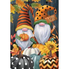 a painting of two gnomes surrounded by pumpkins