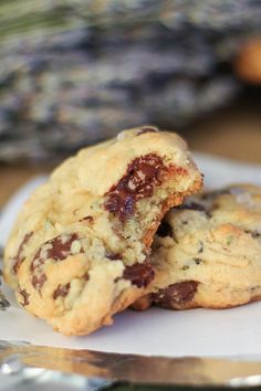 two chocolate chip cookies sitting on top of a white plate