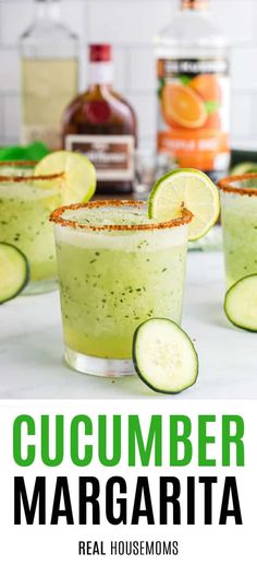 cucumber margarita in glasses with lime slices on the rim and garnishes