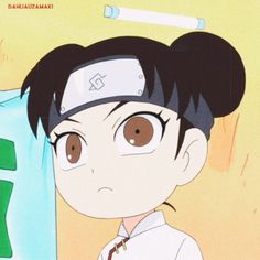 an anime character with black hair and brown eyes wearing a white shirt is standing in front of a yellow wall