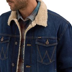 Sherpa lined denim jacket. Two chest pockets with "W" styling and two side seam hand pockets. Regular fit. Wrangler Men's Dark Denim Heavy Weight Denim Insulated Work Jacket (Large) in Blue | 112338575-L Sherpa Lined Denim Jacket, Lined Denim Jacket, Work Jacket, Work Jackets, Sherpa Lined, Dark Denim, Heavy Weight, Chest Pocket, Denim Jacket