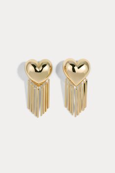 20mm Heart Fringe Earrings Available in 14kt gold plated brass or rhodium plated brass Earring measures approx. 44mm top to bottom and 20mm wide Product weight 8.0 grams per earring Post-clip style fastening for pierced ears Sold as a pair Product Care: METAL: Use a soft cloth to gently wipe clean, then remove any remaining impurities with mild diluted soap. Rinse with warm water and dry thoroughly before storing in the provided jewelry pouch. Do not use abrasive cleaners, steamers or ultrasonic Lili Claspe Jewelry, Bubble Heart, Bold Earrings, Gold Rings Fashion, Luxury Earrings, Ear Stack, Daily Jewelry, Fish Hook Earrings, Childrens Jewelry