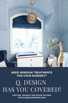 a baby's room with blue walls and white furniture is featured in this ad