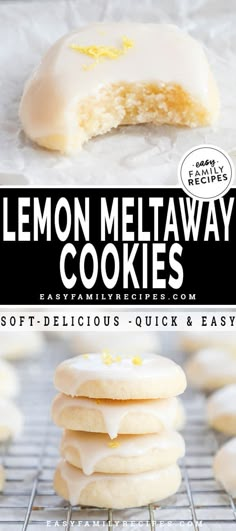 lemon meltaway cookies are stacked on top of each other with the title overlay