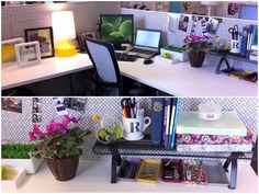 two pictures of the same desk with flowers and books on it, one is empty