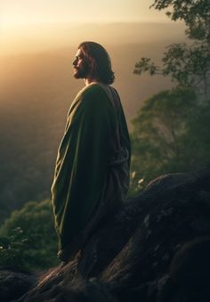 a man standing on top of a tree covered hillside