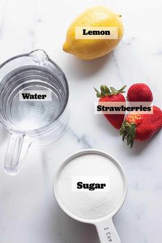 ingredients to make lemon water, strawberries and sugar