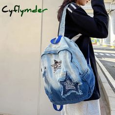 Cyflymder New Gradient Denim Backpacks 100% Cotton Fashion School Bags For Teenage Girls Cute Denim Blue Shoulder Bag For School In Summer, Denim Blue Summer Shoulder Bag For School, Summer Denim Blue Shoulder Bag For School, Denim Blue School Bag For Summer, Summer School Denim Blue Bag, Back-to-school Denim Blue Backpack, Light Blue School Bag For Summer, Trendy Blue Backpack For Daily Use, Back To School Denim Bag With Zipper Closure