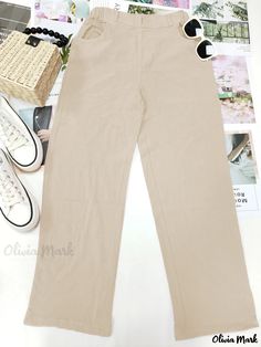 Olivia Mark - Womens Plus Size High Rise Solid Button Front Straight Leg Trousers - Stylish and Comfortable Casual Pants Casual High Waist Dress Pants With Buttons, Casual Plain Pants For Work, Casual Plain Workwear Pants, Casual Ankle-length Dress Pants With Button Closure, Casual Wide Leg Dress Pants With Button Closure, Casual Wide-leg Dress Pants With Button Closure, Casual High Waist Beige Dress Pants, Casual High-waisted Dress Pants With Button Closure, Casual High-waisted Dress Pants