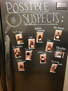 a refrigerator with pictures on it and the words possible suppets written in white chalk