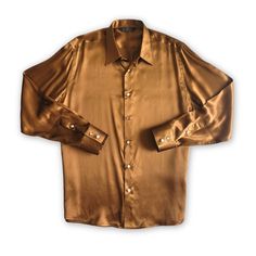 product photo mens long sleeve caramel brown silk dress shirt from 1000 kingdoms Luxury Long Sleeve Shirt With Button Closure, Luxury Long Sleeve Shirt, Luxury Brown Long Sleeve Tops, Luxury Long Sleeve Formal Shirt, Luxury Long Sleeve Silk Shirt, Luxury Long Sleeve Shirt For Semi-formal Occasions, Gold Fitted Luxury Top, Luxury Fitted Gold Top, Elegant Brown Shirt With Button Cuffs